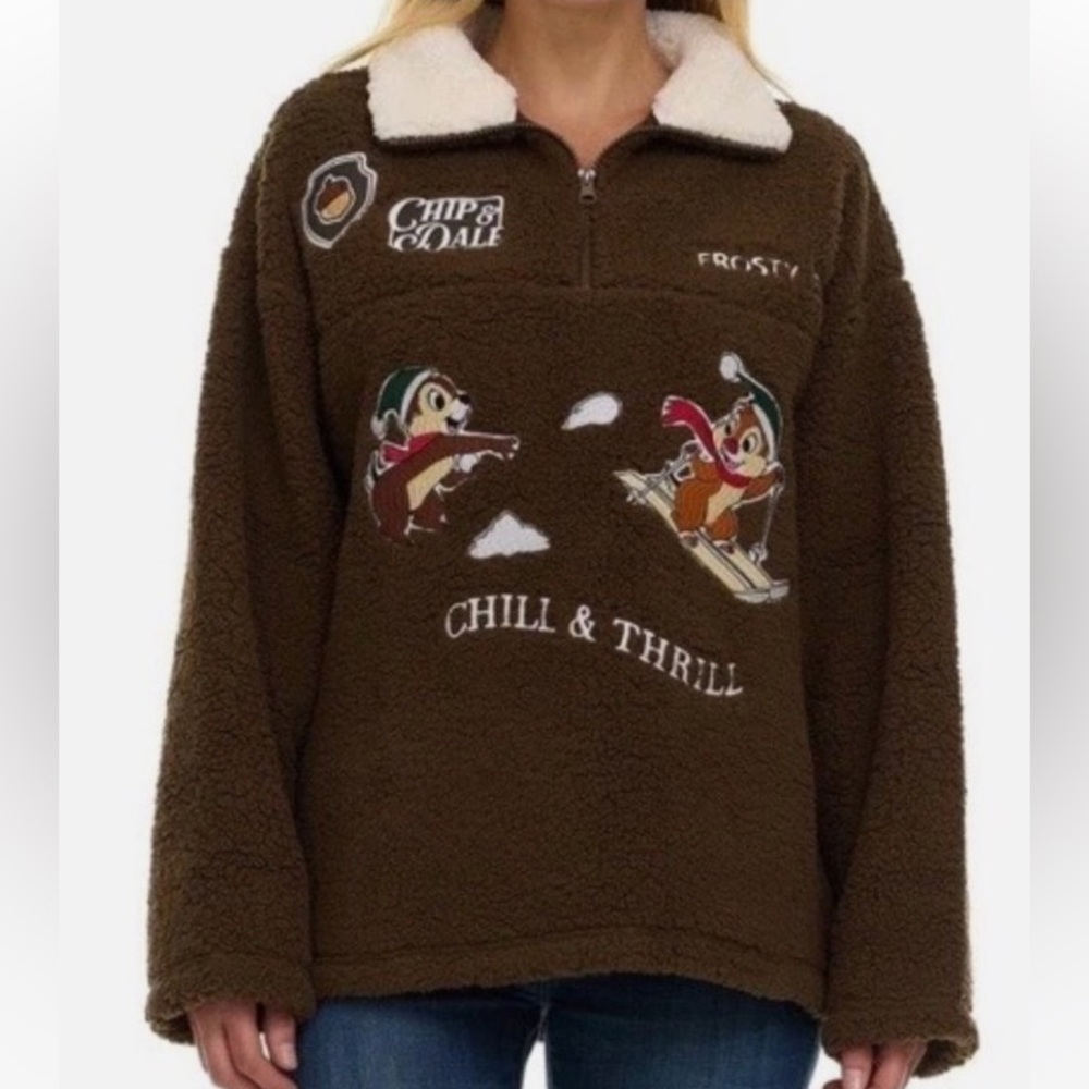 NWT Disney XL Chip ‘n Dale Winter Sherpa Pullover Jacket Embroidery Patch Brown